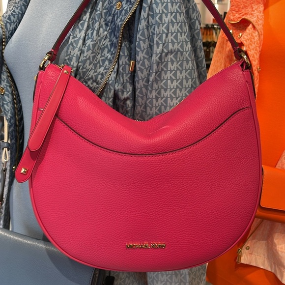 Michael Kors Dover Large Leather Top Zip Half Moon Shoulder Bag in Electric Pink - Picture 1 of 16